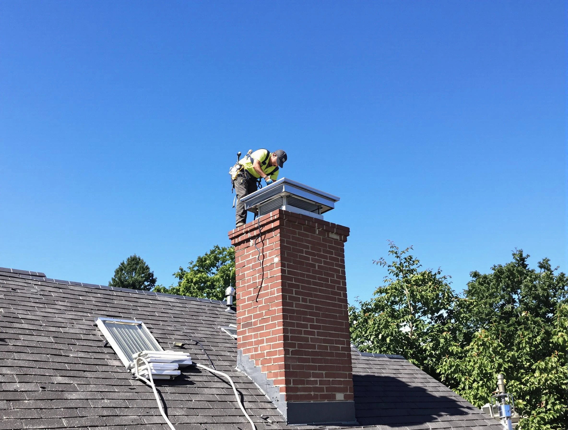 Fredericksburg Chimney Sweep technician measuring a chimney cap in Fredericksburg, VA